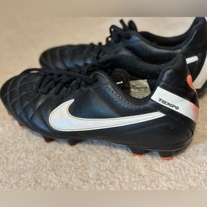 Black White and Orange Nike Tiempo Cleats